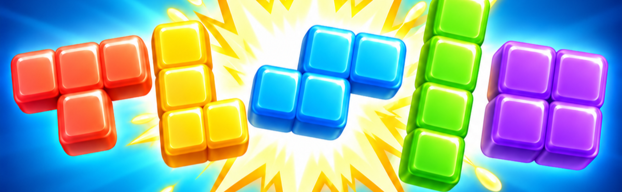 Colorful block pieces on a blue background with a bright burst of light